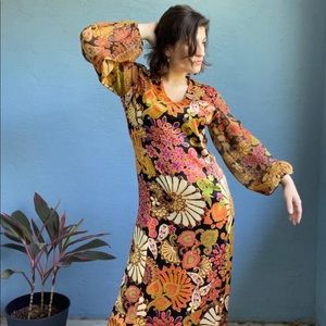 70s Retro Psychedelic Print Floral Maxi Dress
